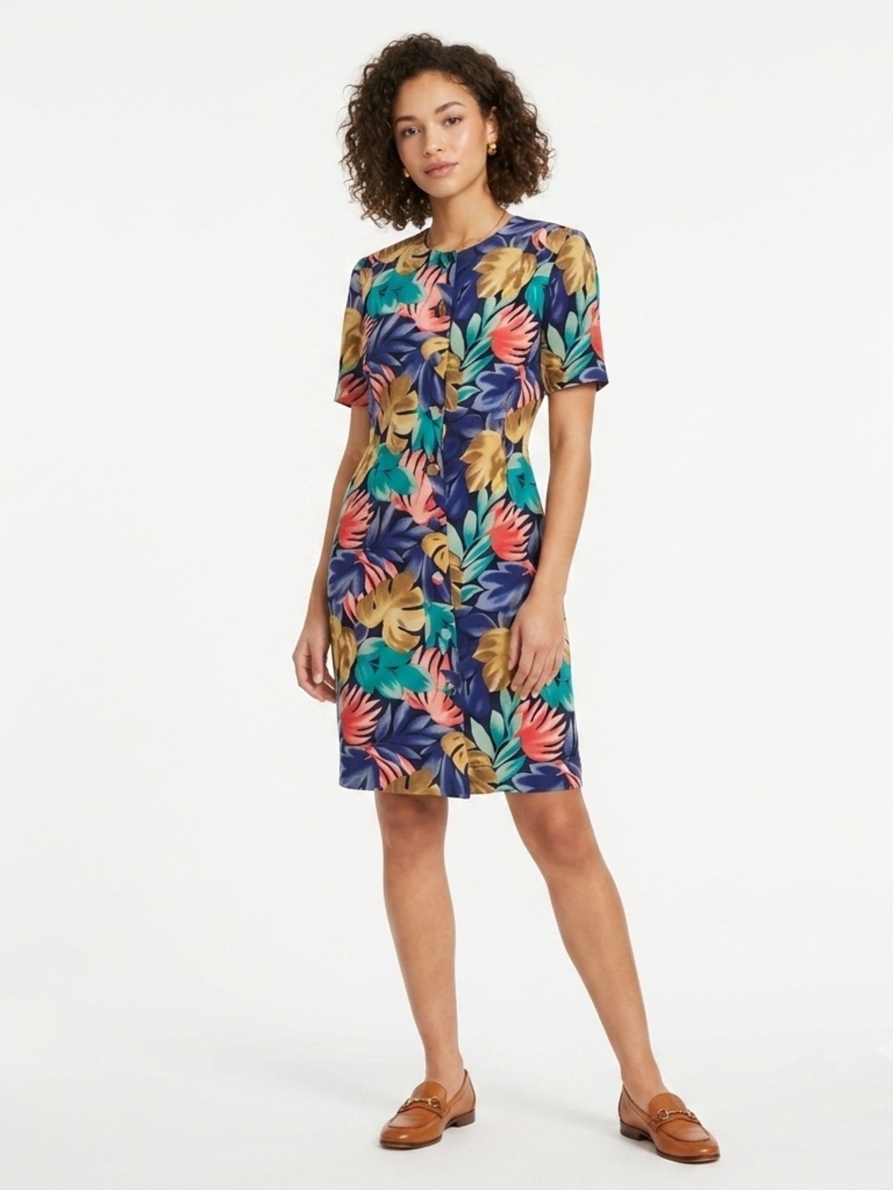 Victoria Soie 100% Silk Dress Vintage 90s Botanical Button Front Multi Medium